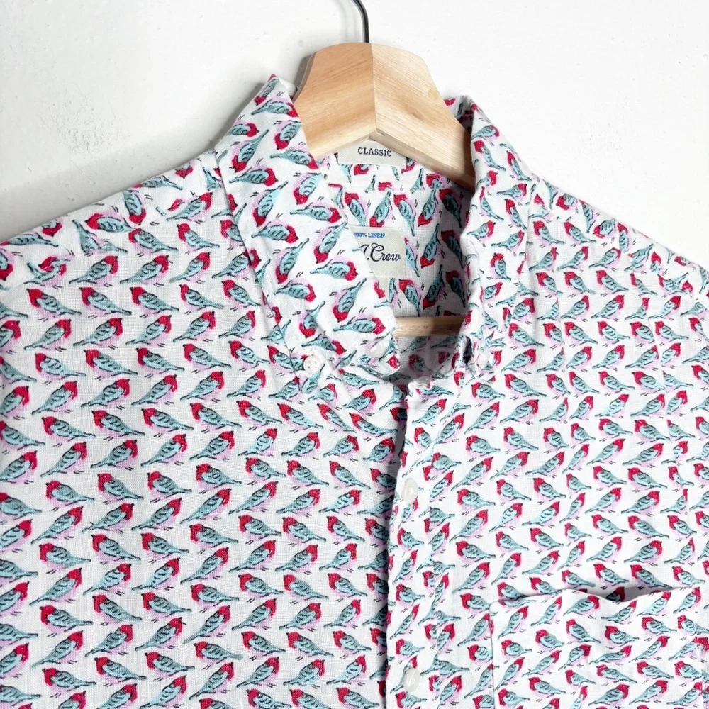 J. Crew Linen Short Sleeve Button Down Shirt Bird Print Size Small NWOT